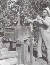 An old whiskey still used during the prohibition days which had been concealed on the Cummings ranch, found and demonstrated by Glenn Densley